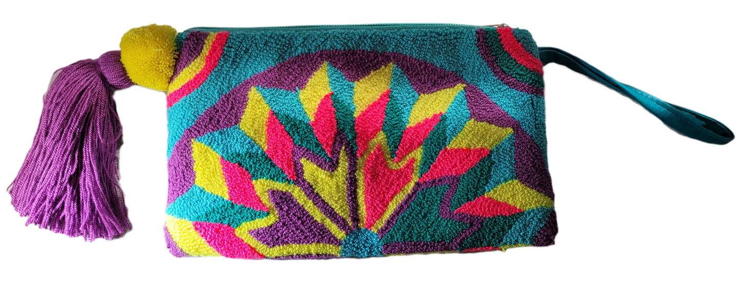 "Handmade Wuitusu Wayuu Needle Punch Clutch featuring vibrant, intricate patterns, zippered closure, and supporting fair trad