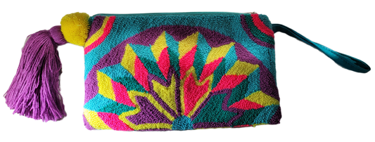 "Handmade Wuitusu Wayuu Needle Punch Clutch featuring vibrant, intricate patterns, zippered closure, and supporting fair trad