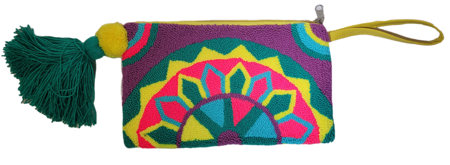 "Handmade Wuitusu Wayuu Needle Punch Clutch with vibrant, colorful patterns, zippered closure, and fabric lining, supporting 