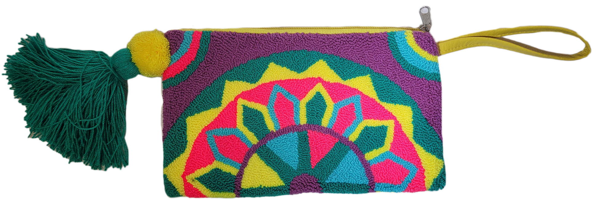 1 "Handmade Wuitusu Wayuu Needle Punch Clutch with vibrant, colorful patterns, zippered closure, and fabric lining, supporting 
