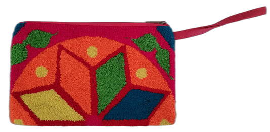 Bohemian crochet clutch Kaisley in bold red, orange, yellow, green, and blue

