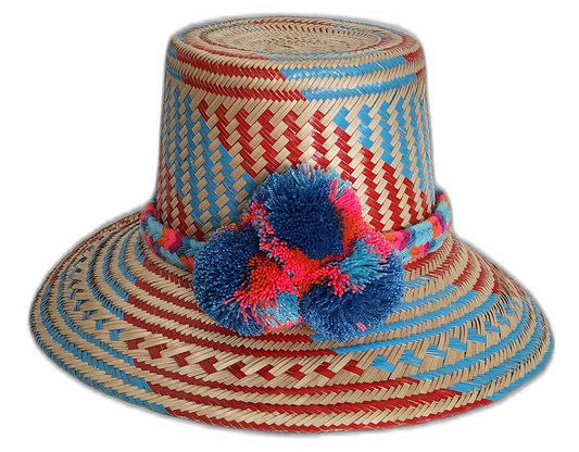 Handmade Wayuu hat with blue and red weave and multicolor pompoms.Boho straw hat with vibrant zigzag design and bold colorful pompoms

