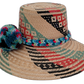 Boho Wayuu straw hat Keilani featuring geometric weave and multicolor pompoms

