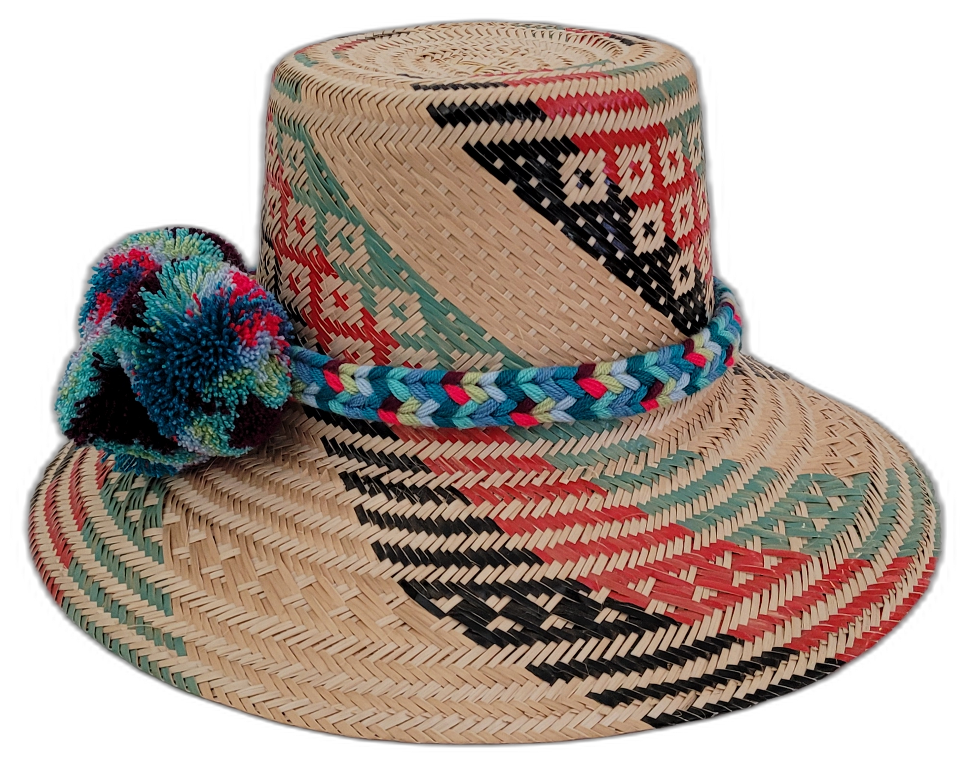 Boho Wayuu straw hat Keilani featuring geometric weave and multicolor pompoms

