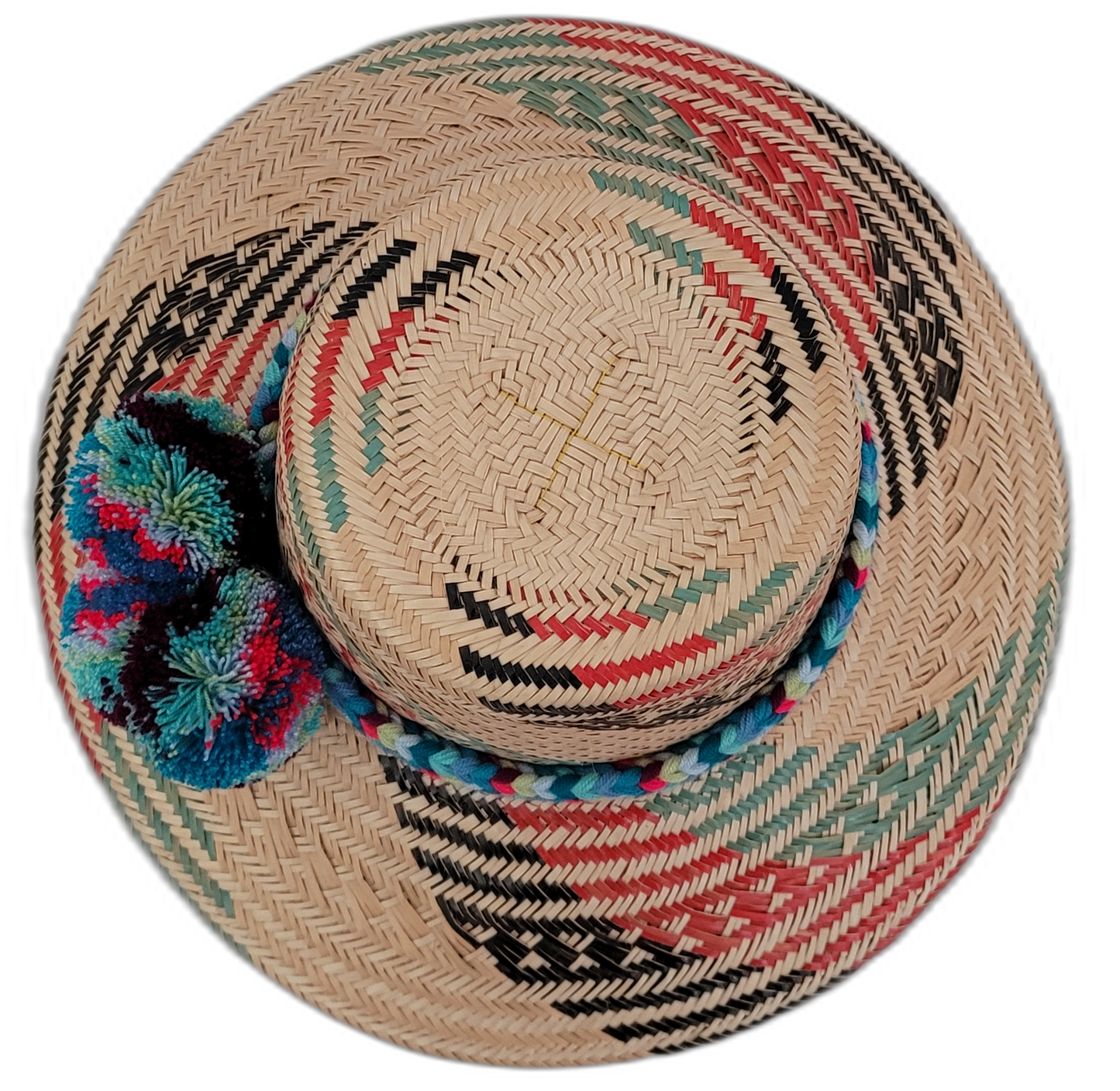 Keilani handwoven straw hat with colorful trim and vibrant pompom trio

