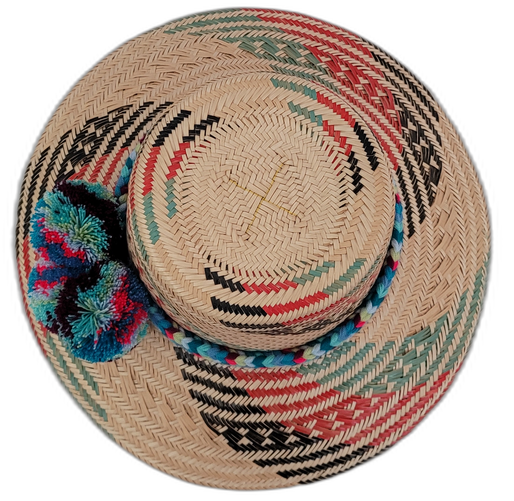 Keilani handwoven straw hat with colorful trim and vibrant pompom trio

