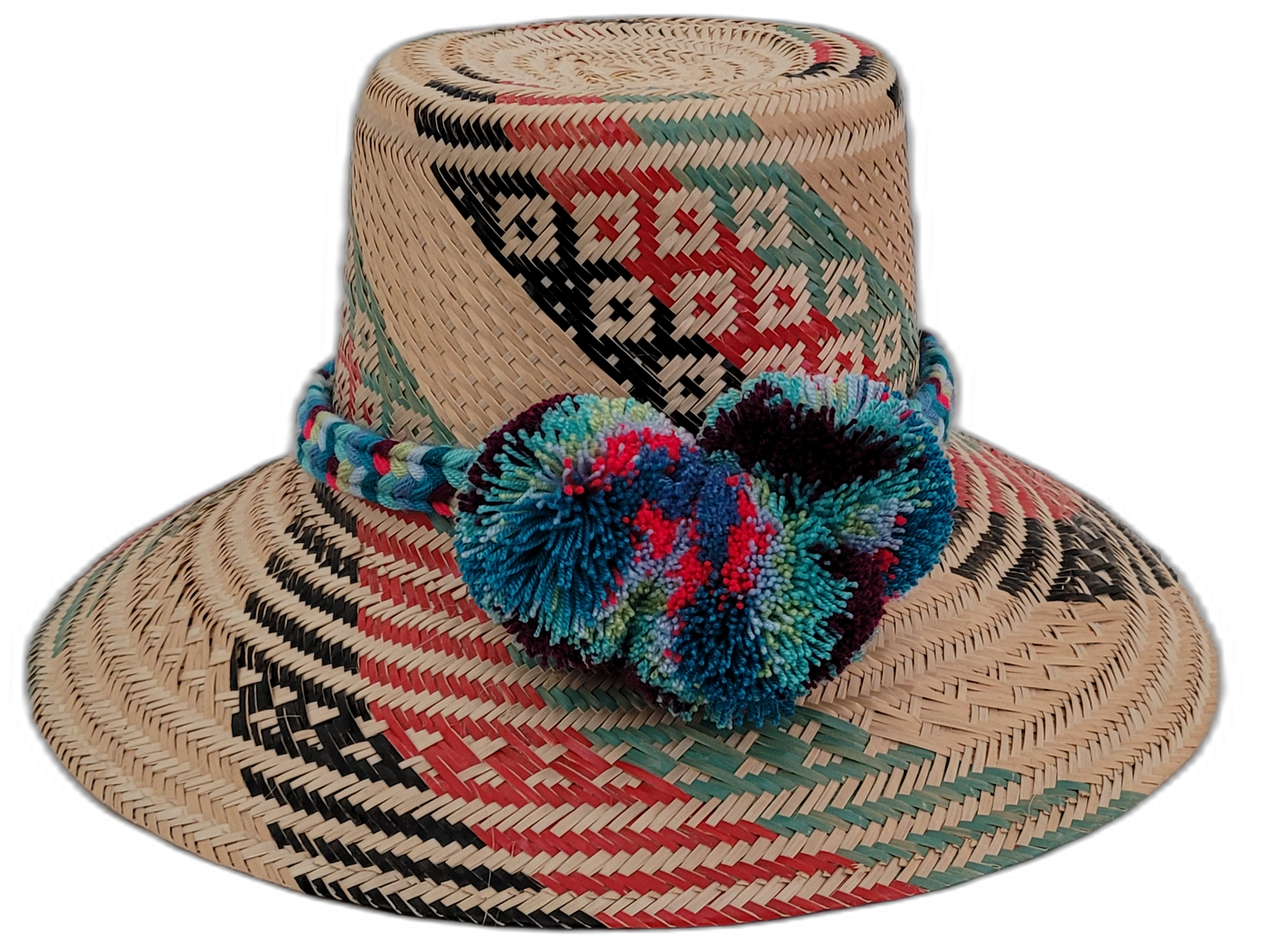 Keilani handmade Wayuu hat with natural, red, black, and green weave and blue pompoms

