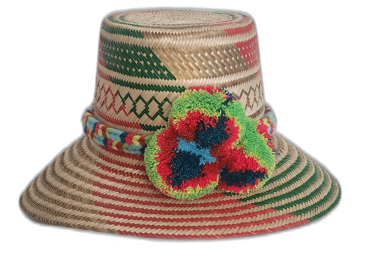 Kennedy handmade Wayuu hat with green and red pattern and multicolor pompoms in Bohemian colors

