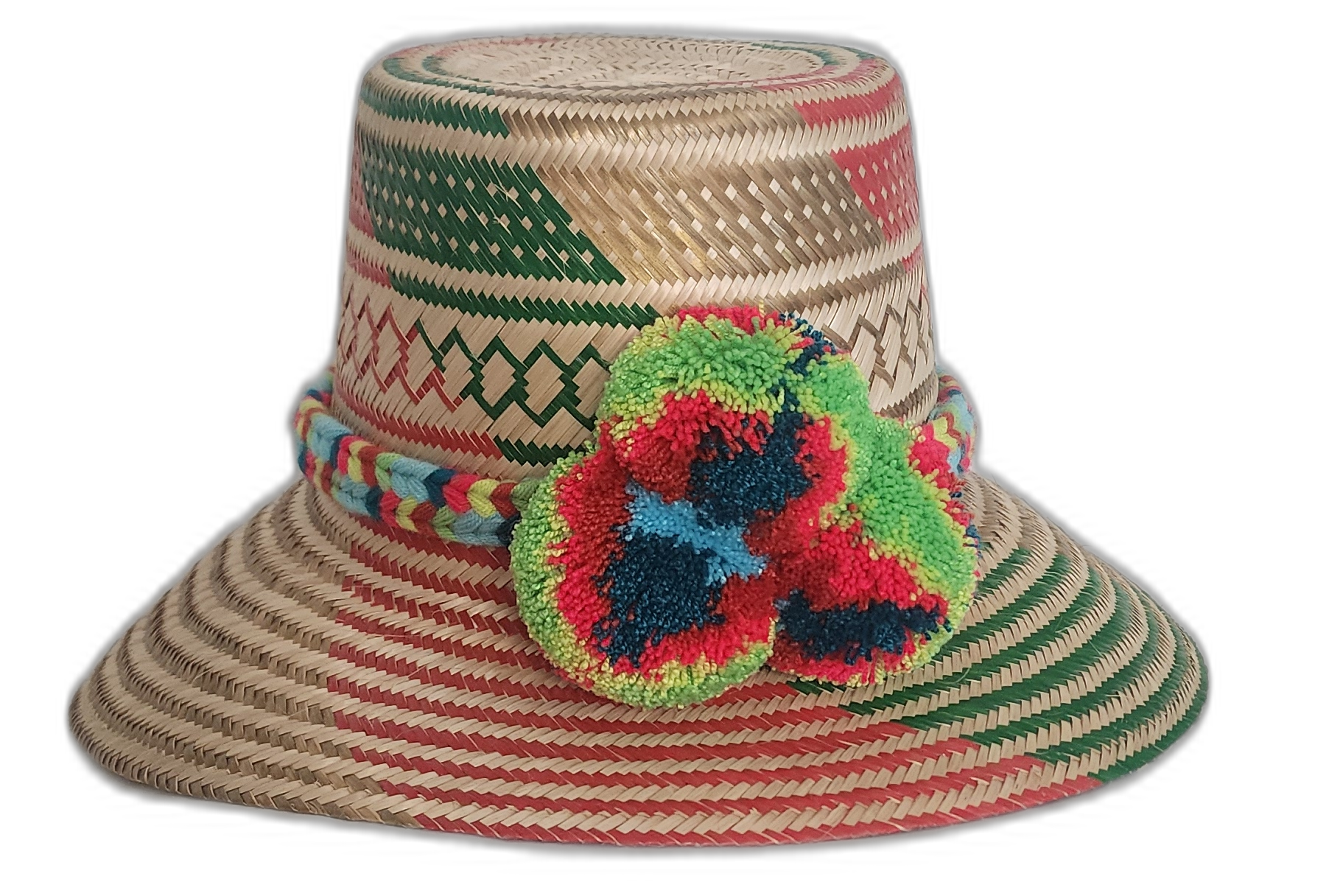 Kennedy handmade Wayuu hat with green and red pattern and multicolor pompoms in Bohemian colors

