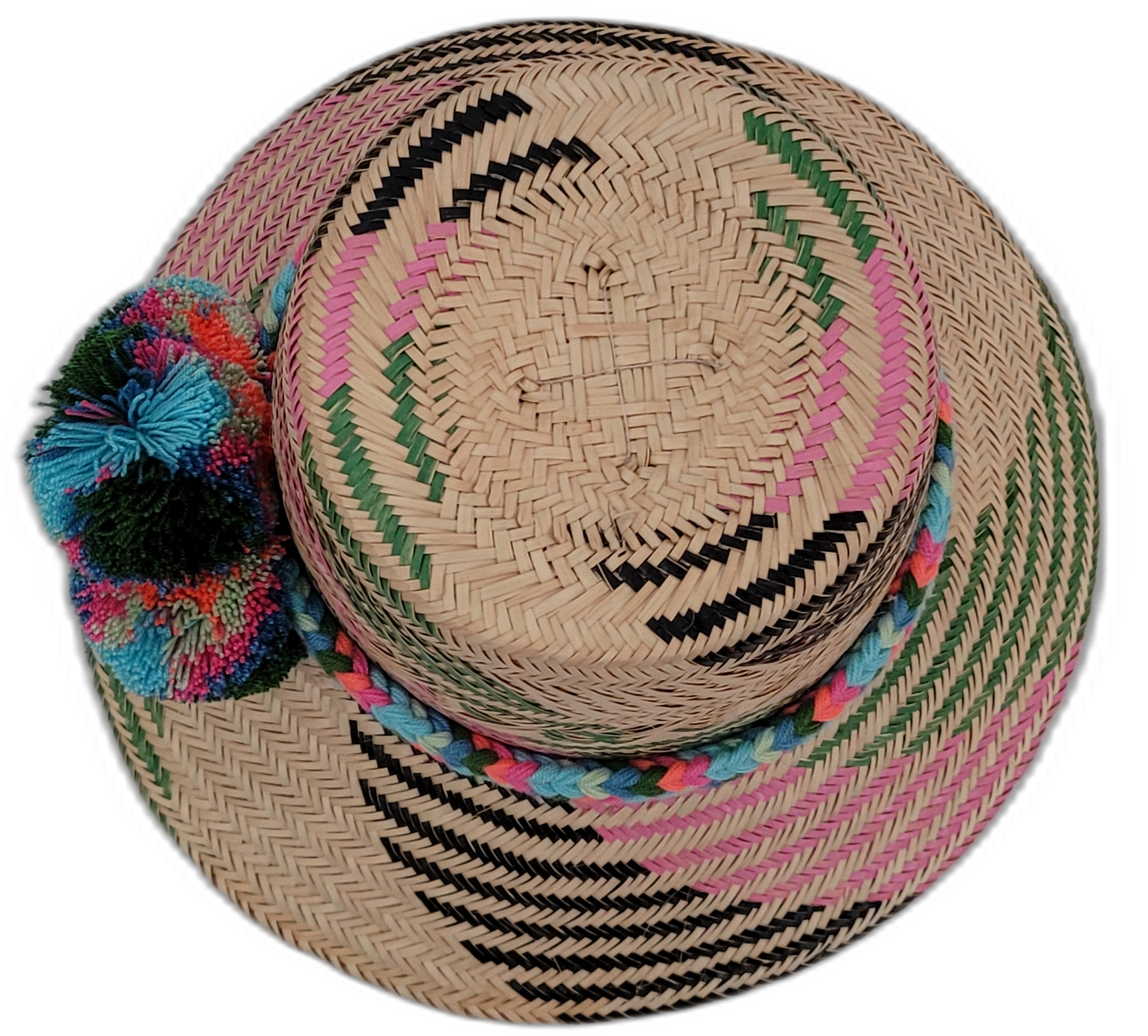 Wayuu straw hat Laila with bright blue and green pompoms and artisan multicolor band


