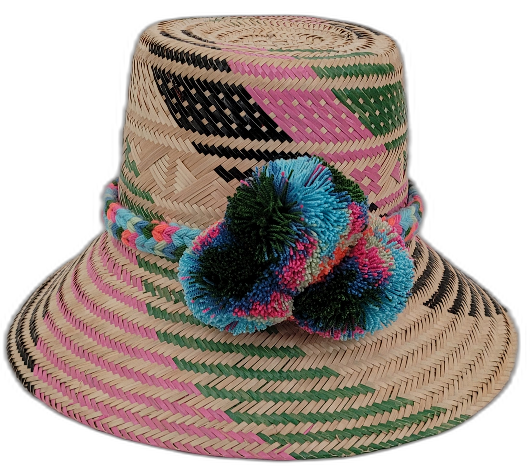 Laila handmade Wayuu straw hat with pink, green, and black weave and bright pompoms

