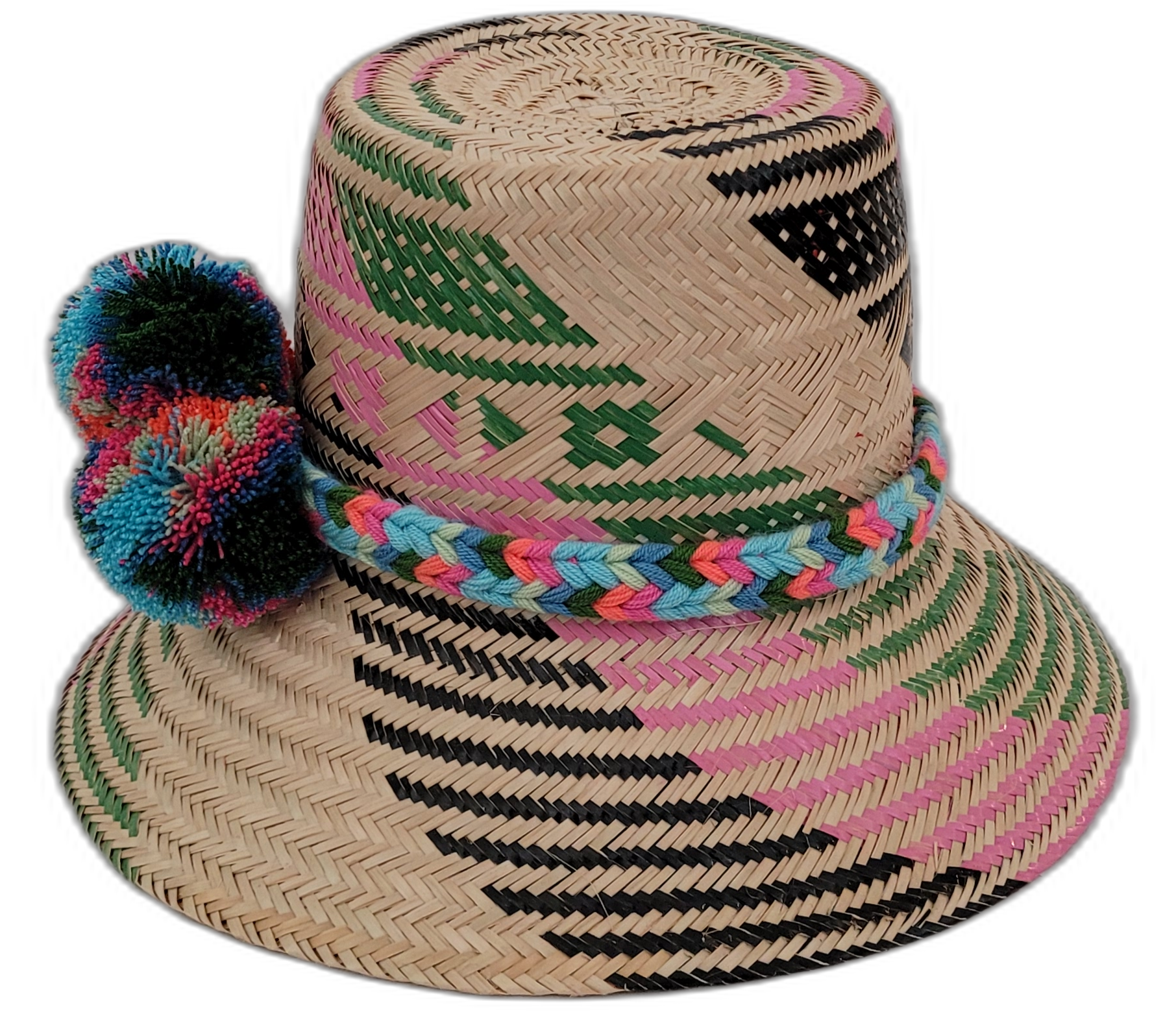 Artisan Wayuu hat Laila with natural palm base, pink and green patterns, and multicolor pompoms

