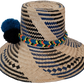 Artisan Wayuu hat Lauren with blue and black weave and orange, black, and blue pompoms

