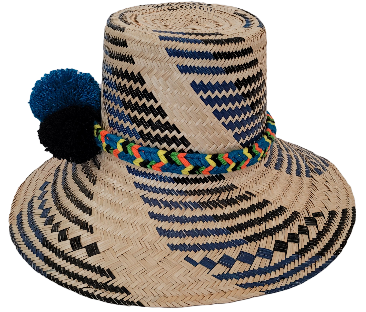 Artisan Wayuu hat Lauren with blue and black weave and orange, black, and blue pompoms

