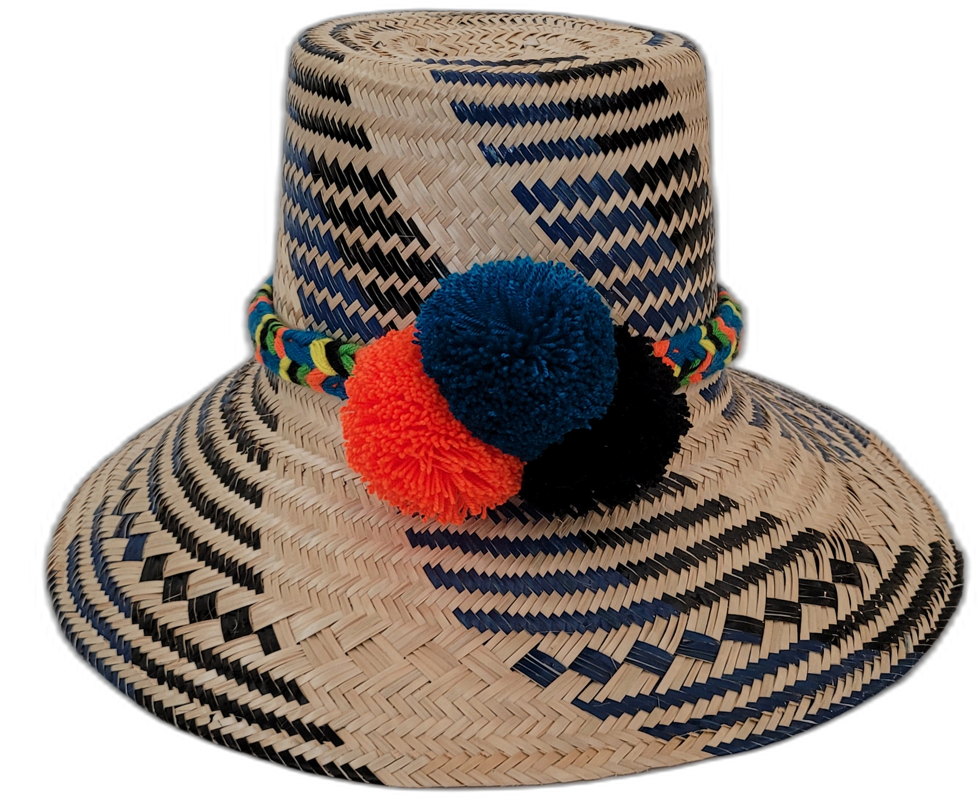 Lauren handmade Wayuu hat with navy, black, and natural straw and vibrant pompoms


