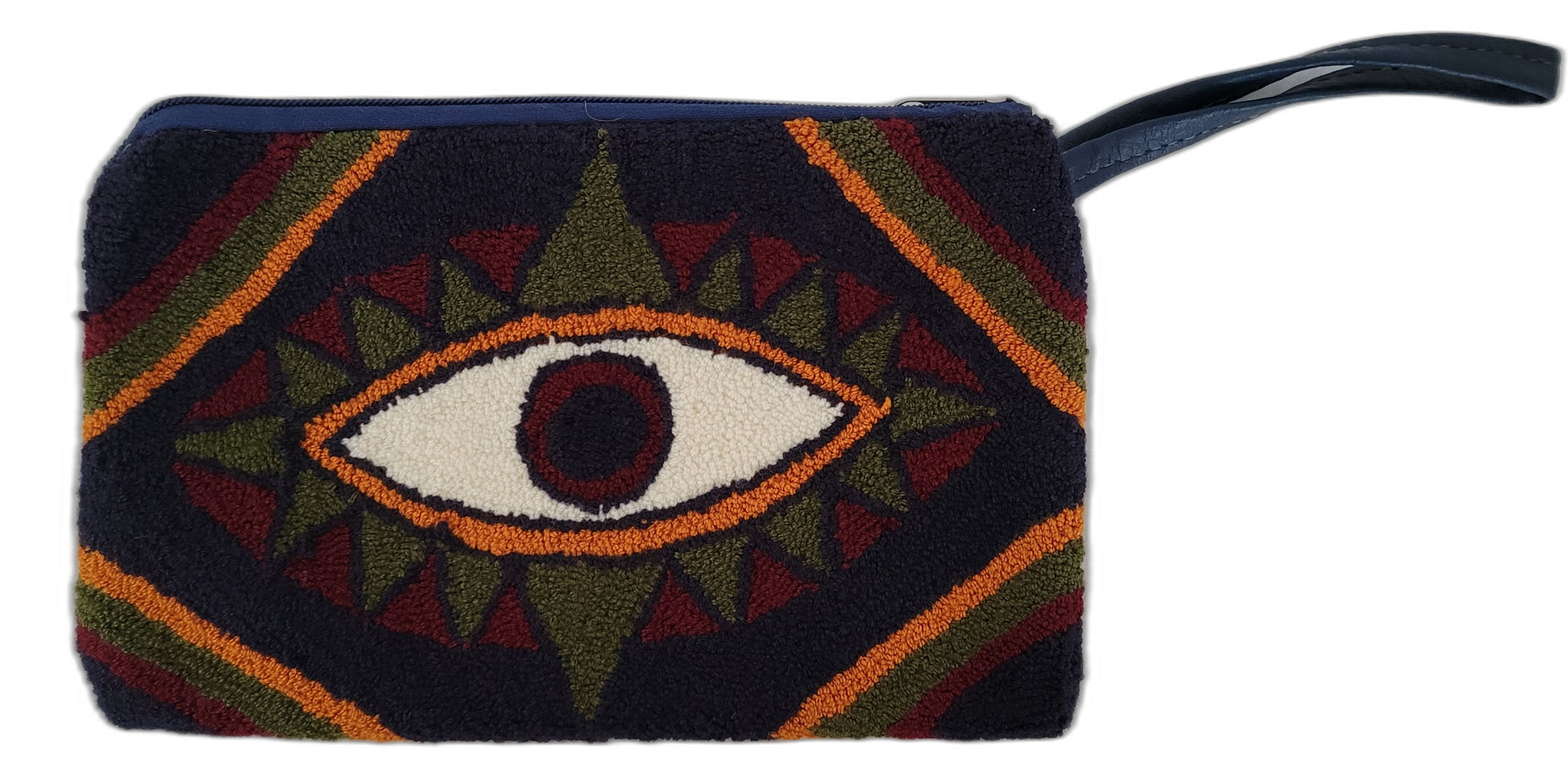 1 Handmade Wayuu clutch featuring a symbolic eye in boho tribal colors

