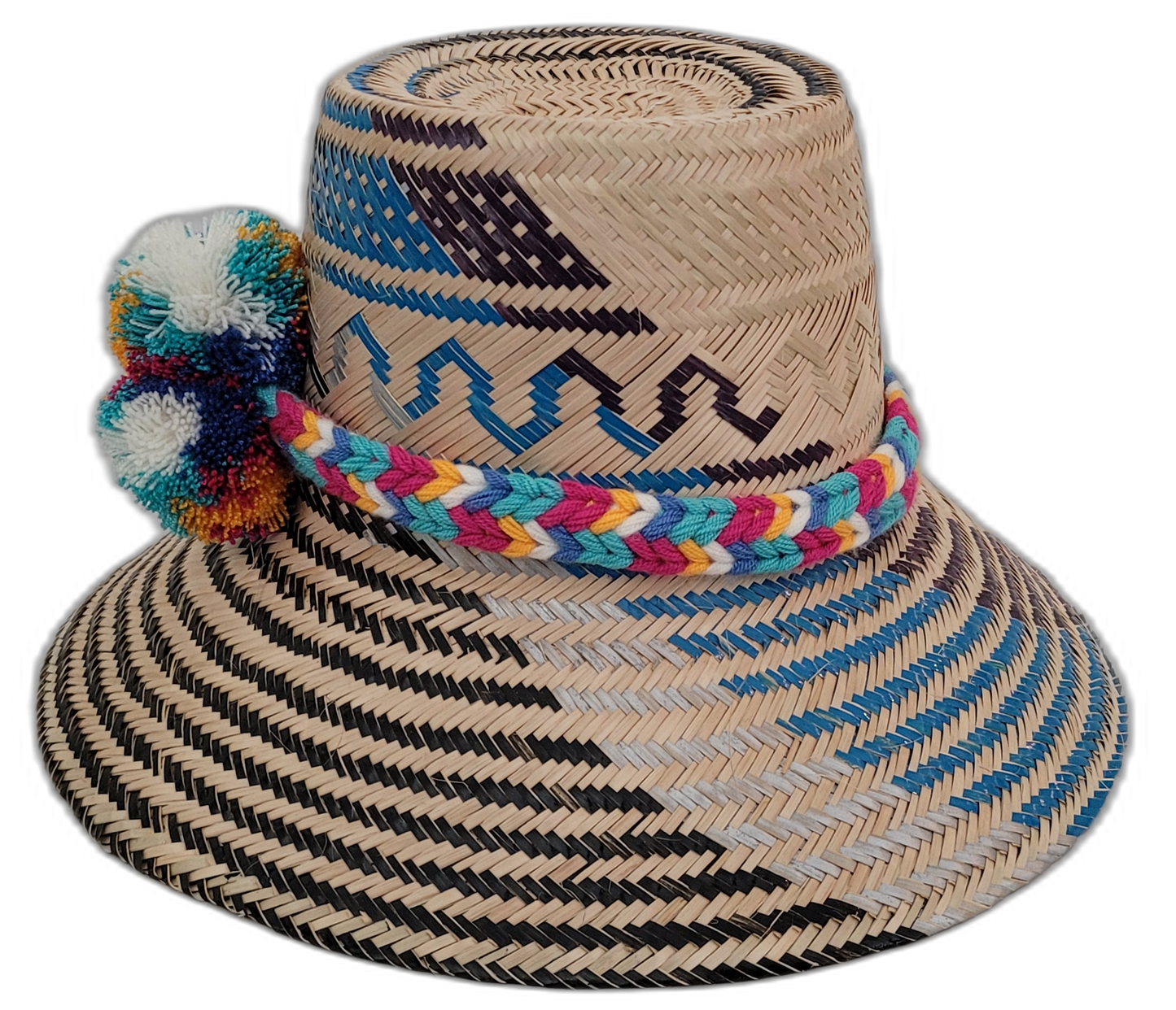 Artisan Wayuu hat Lila with bright pompoms in white, turquoise, yellow, and purple

