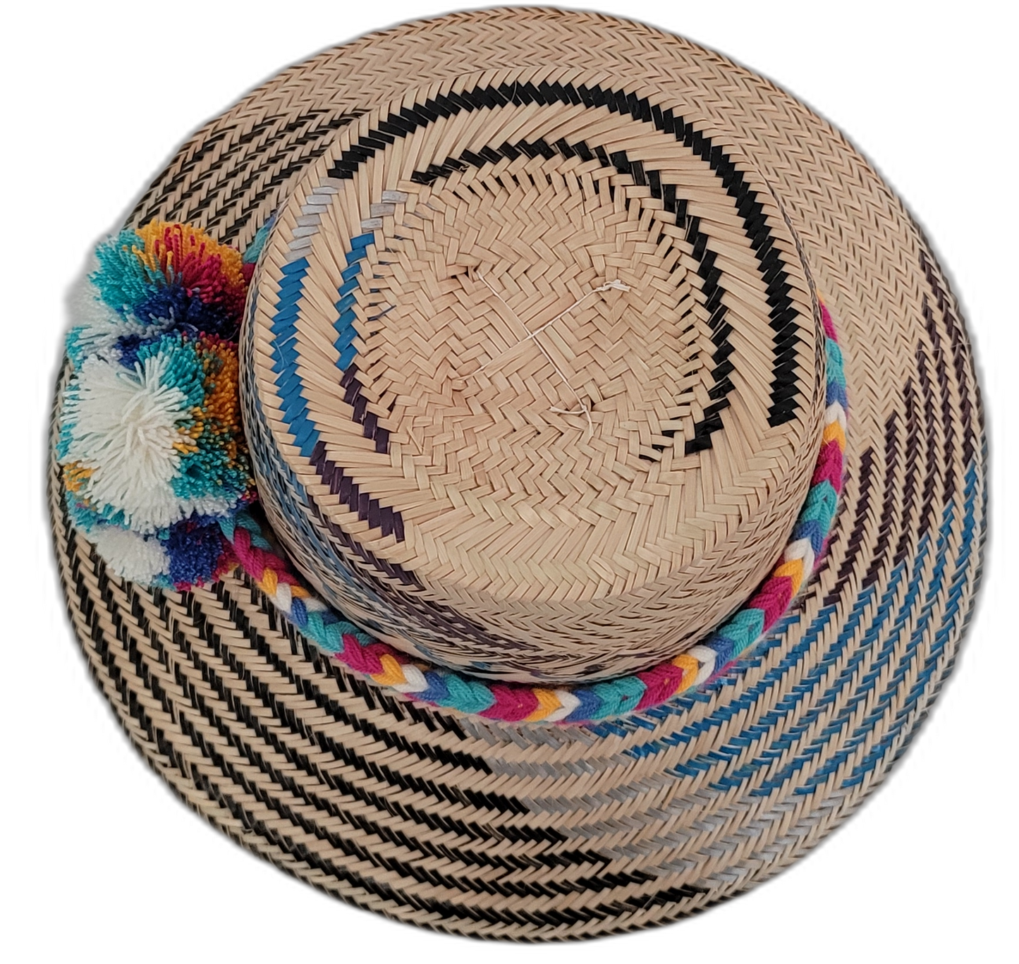 Wayuu hat Lila with geometric palm weave and vibrant handcrafted pompoms

