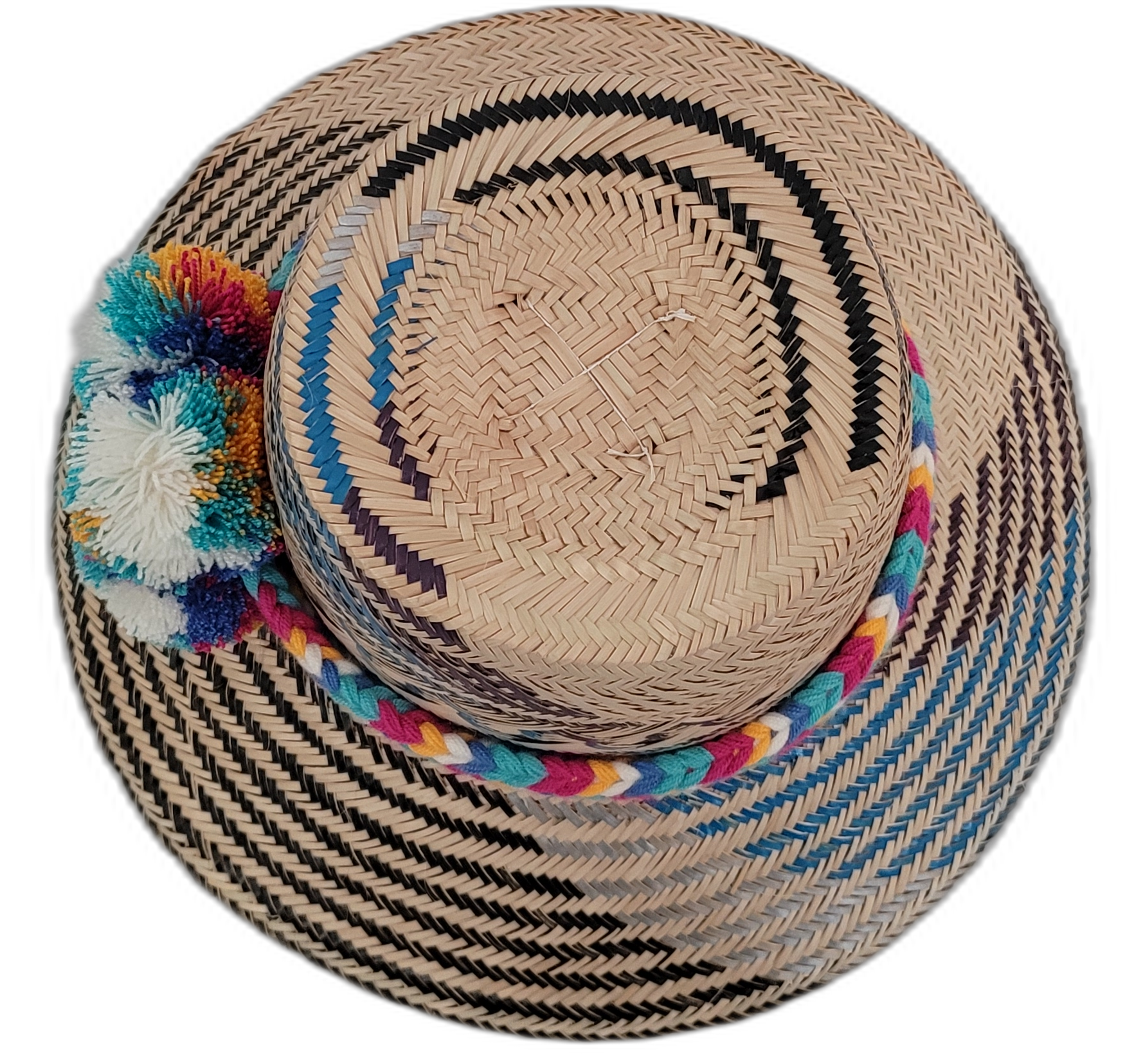Wayuu hat Lila with geometric palm weave and vibrant handcrafted pompoms

