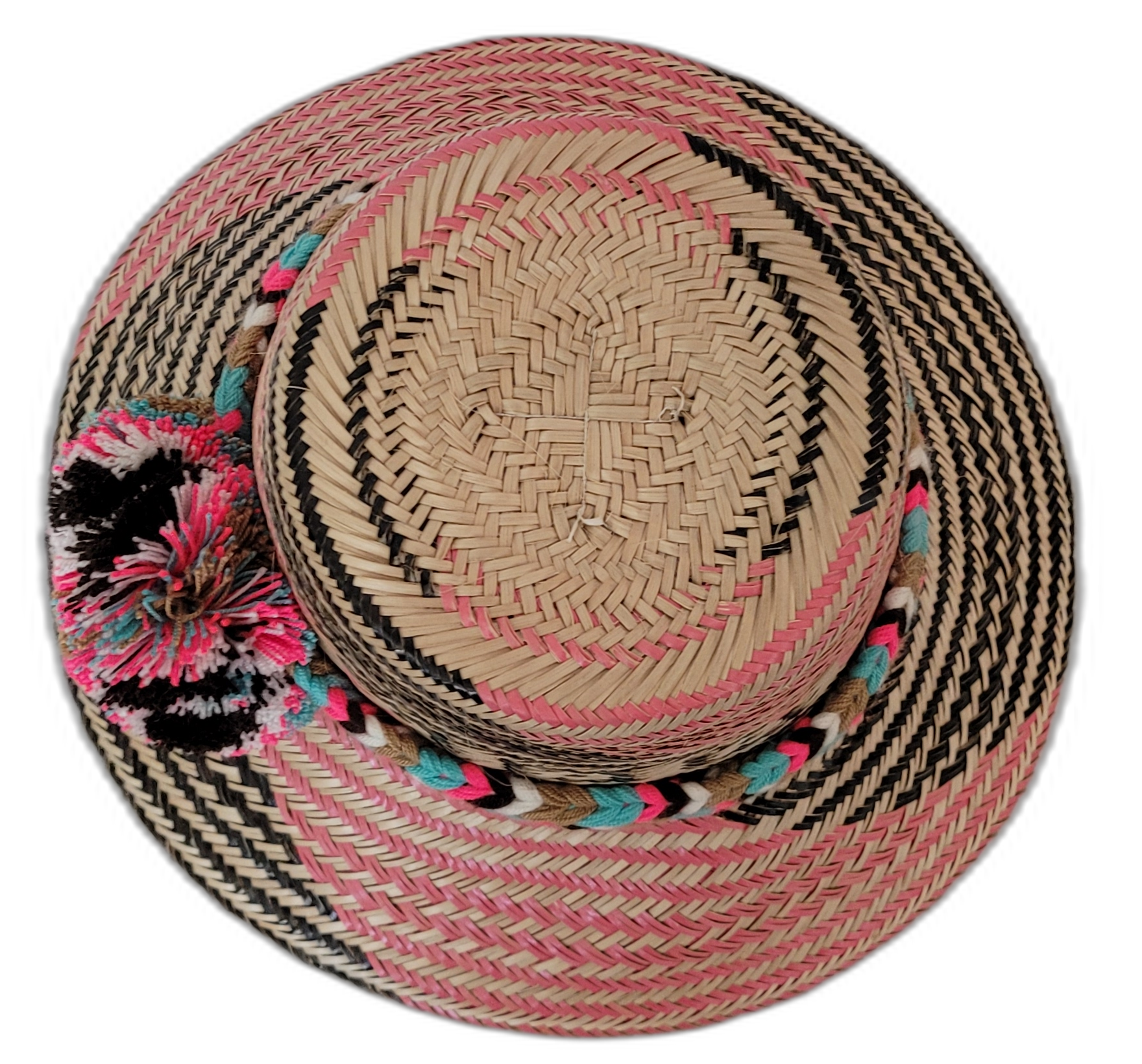 Lilah bohemian handmade hat crafted from Iraca palm with unique pink and black patterns

