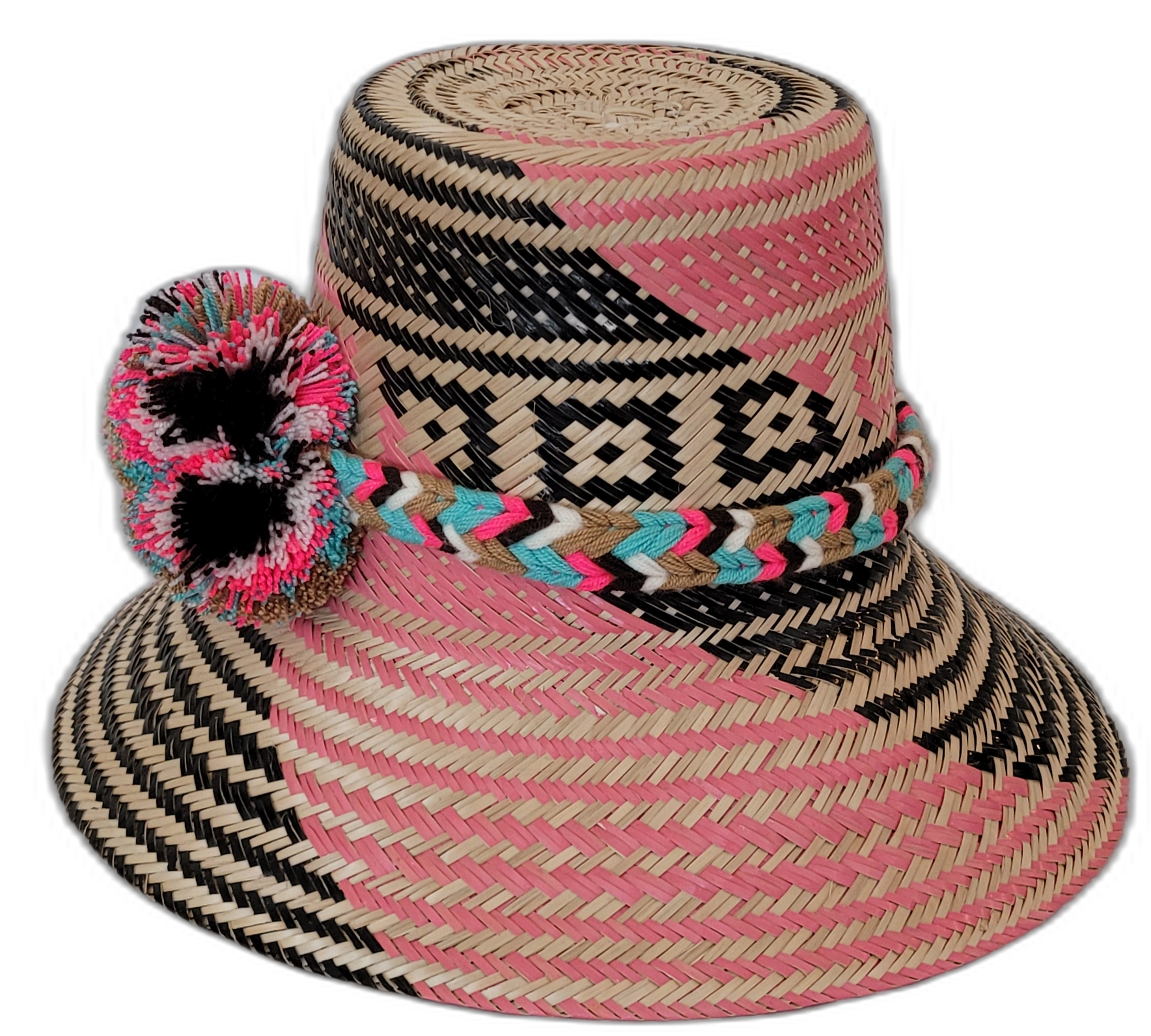 Boho straw hat Lilah featuring artisan pink and black weave with multicolor pompoms


