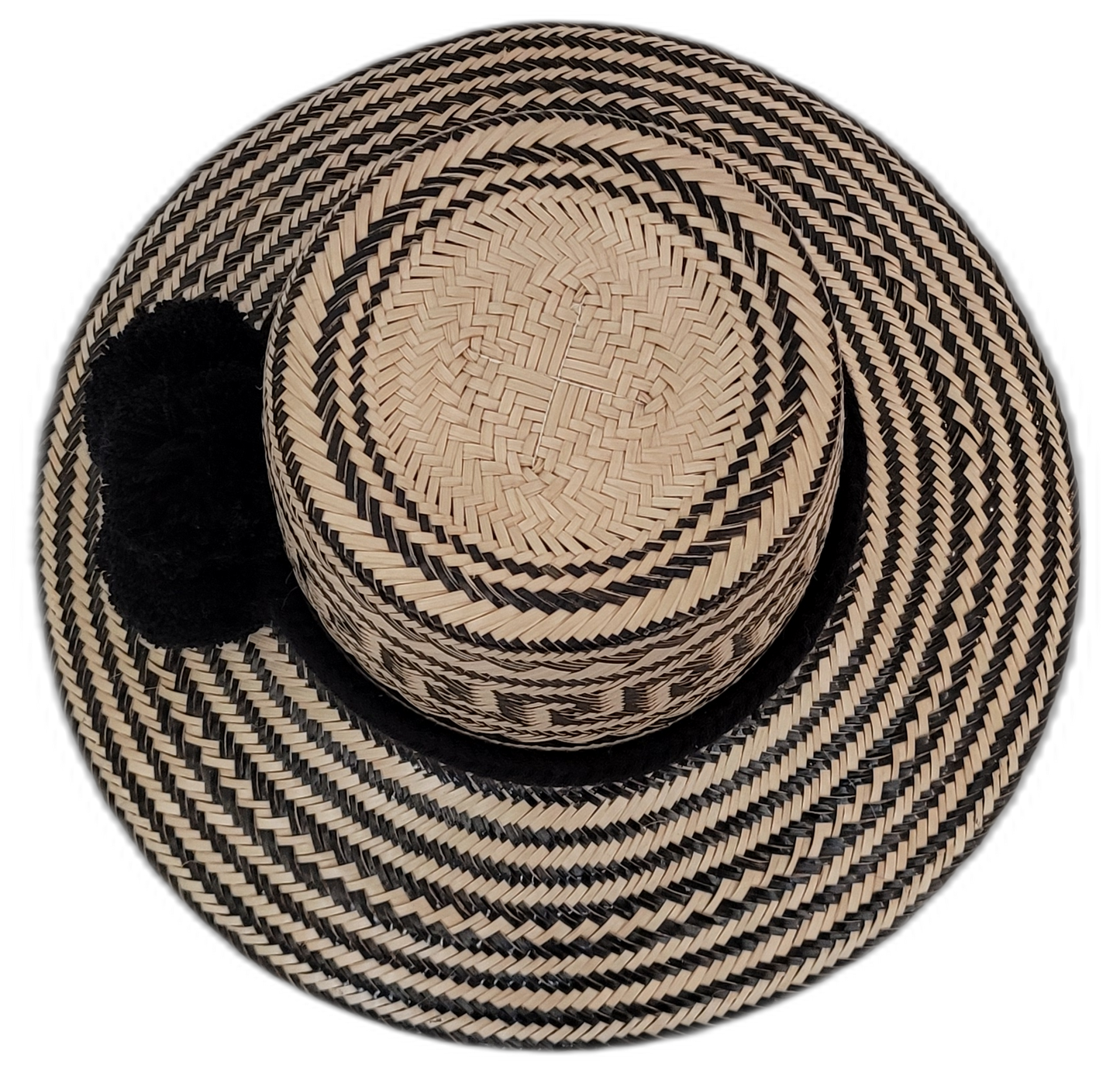 Traditional Wayuu hat Lilly in black and natural tones with black pompom detail

