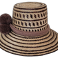 Bohemian straw hat Lola with artisan Wayuu patterns in earthy brown and beige

