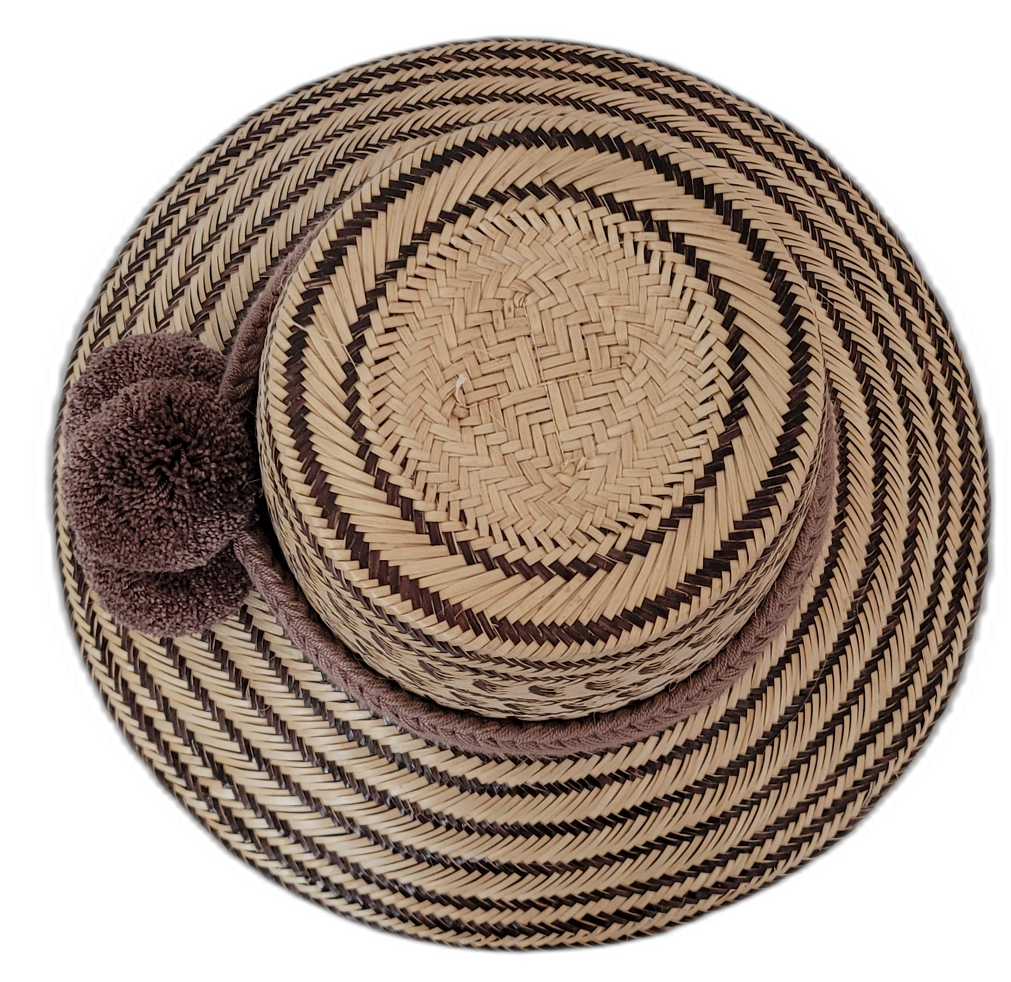Lola boho chic hat with brown pompoms and a bold handcrafted Wayuu palm fiber design

