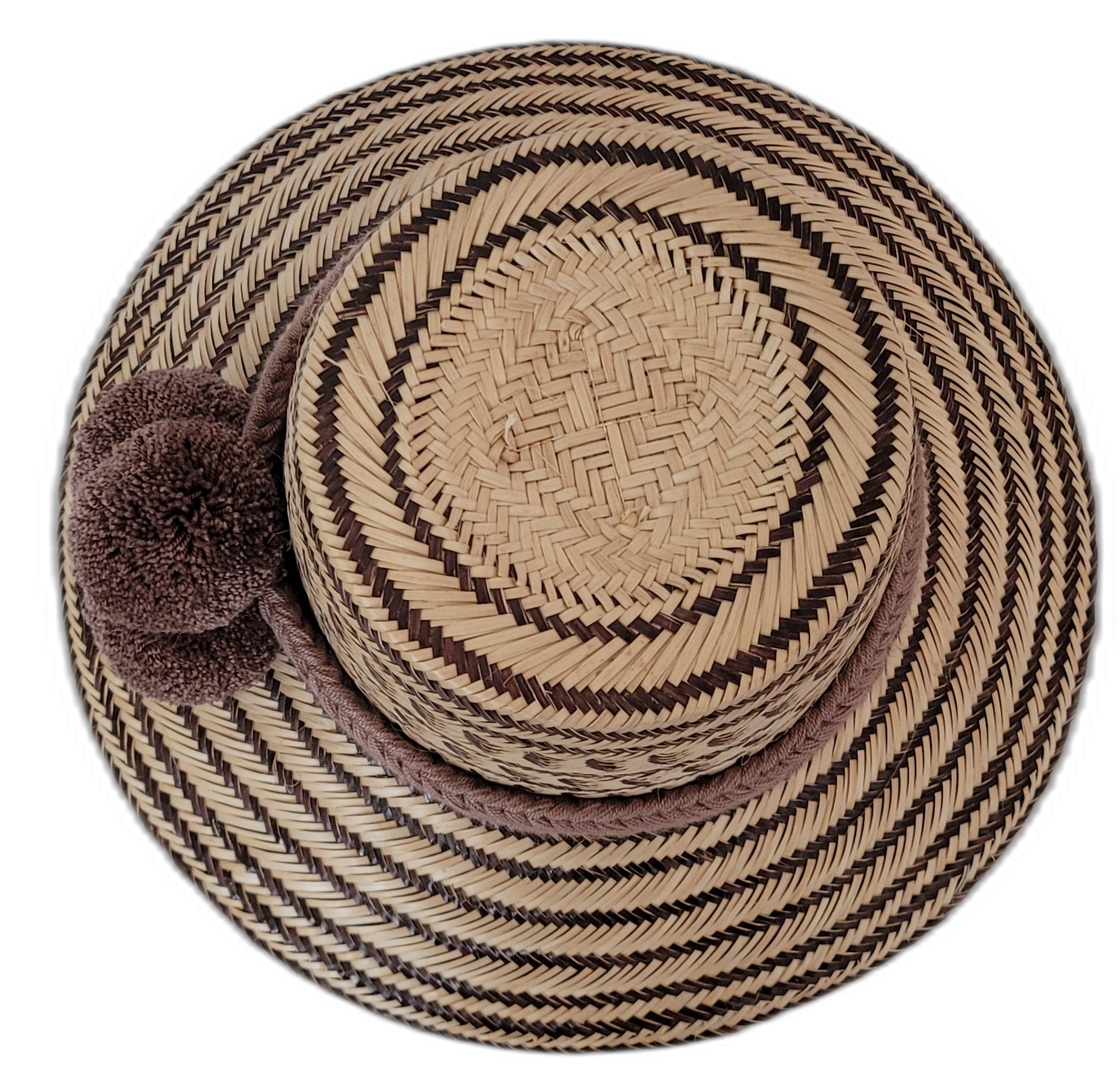 Lola boho chic hat with brown pompoms and a bold handcrafted Wayuu palm fiber design


