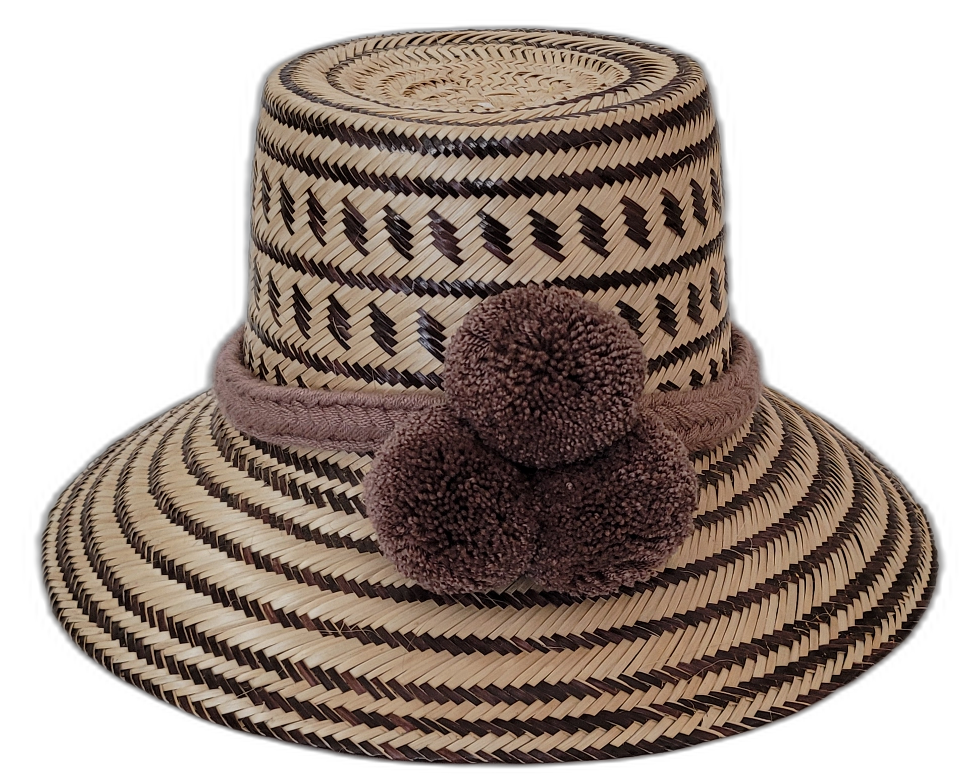 Lola handmade Wayuu straw hat in dark brown and natural palm with matching pompoms

