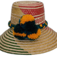 Handmade Wayuu straw hat with red and green weave and yellow pompoms.Boho straw hat with artisan weave and multicolor braided band

