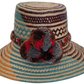 Handmade Wayuu hat with turquoise, burgundy weave and colorful pompoms.Boho straw hat featuring deep red and gray pompoms with artisan design

