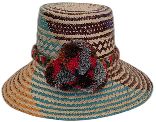 Handmade Wayuu hat with turquoise, burgundy weave and colorful pompoms.Boho straw hat featuring deep red and gray pompoms with artisan design