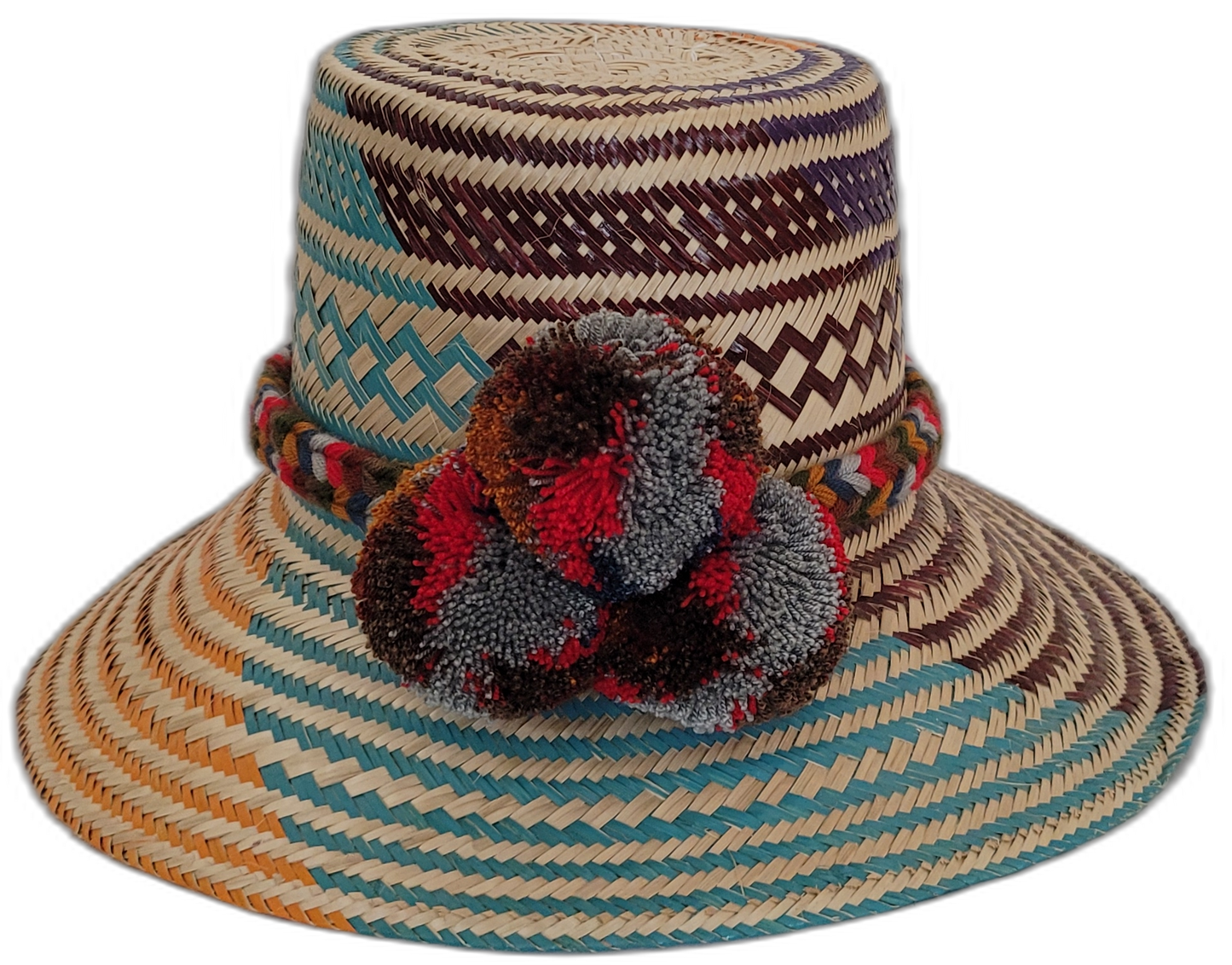 Handmade Wayuu hat with turquoise, burgundy weave and colorful pompoms.Boho straw hat featuring deep red and gray pompoms with artisan design

