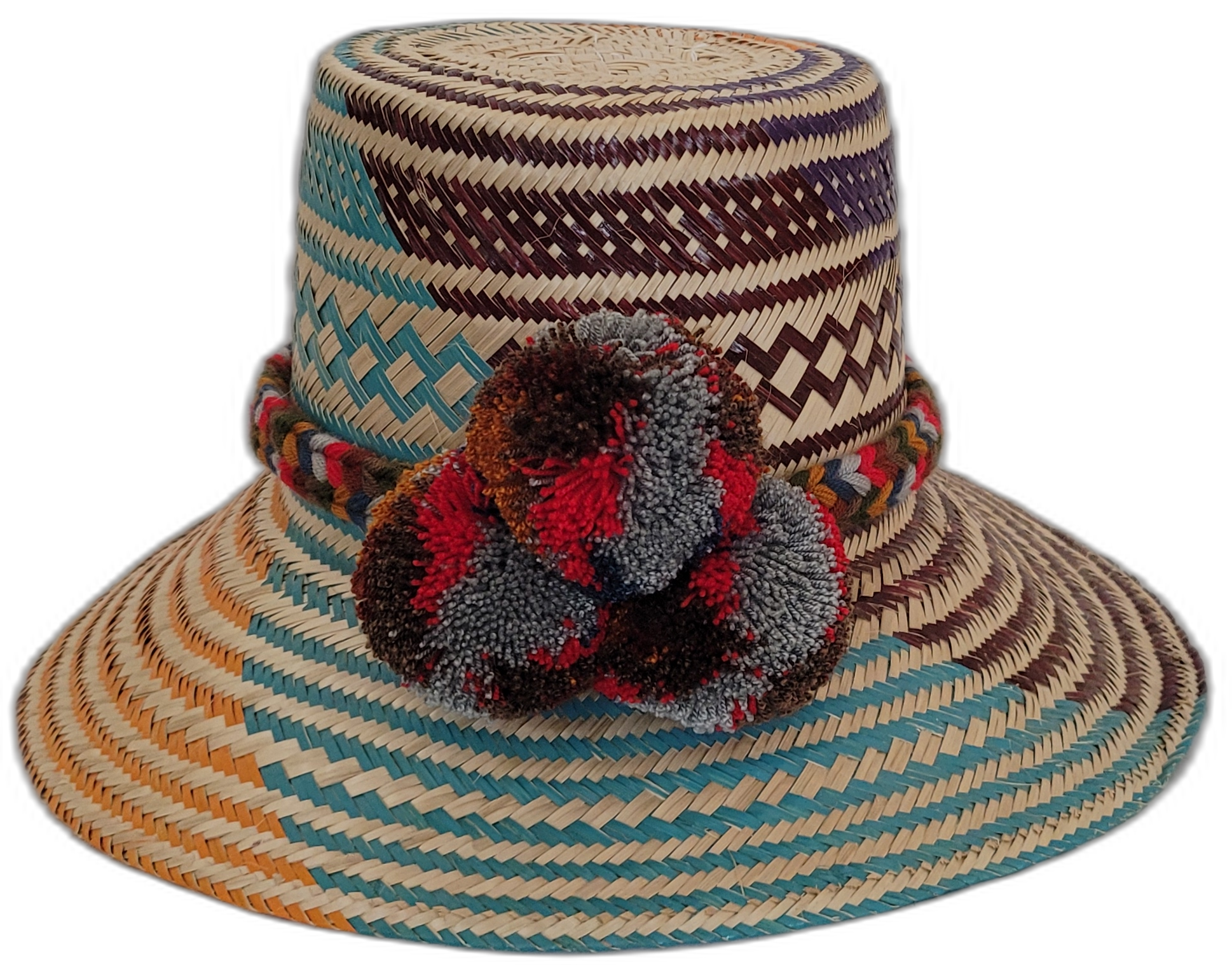 Handmade Wayuu hat with turquoise, burgundy weave and colorful pompoms.Boho straw hat featuring deep red and gray pompoms with artisan design

