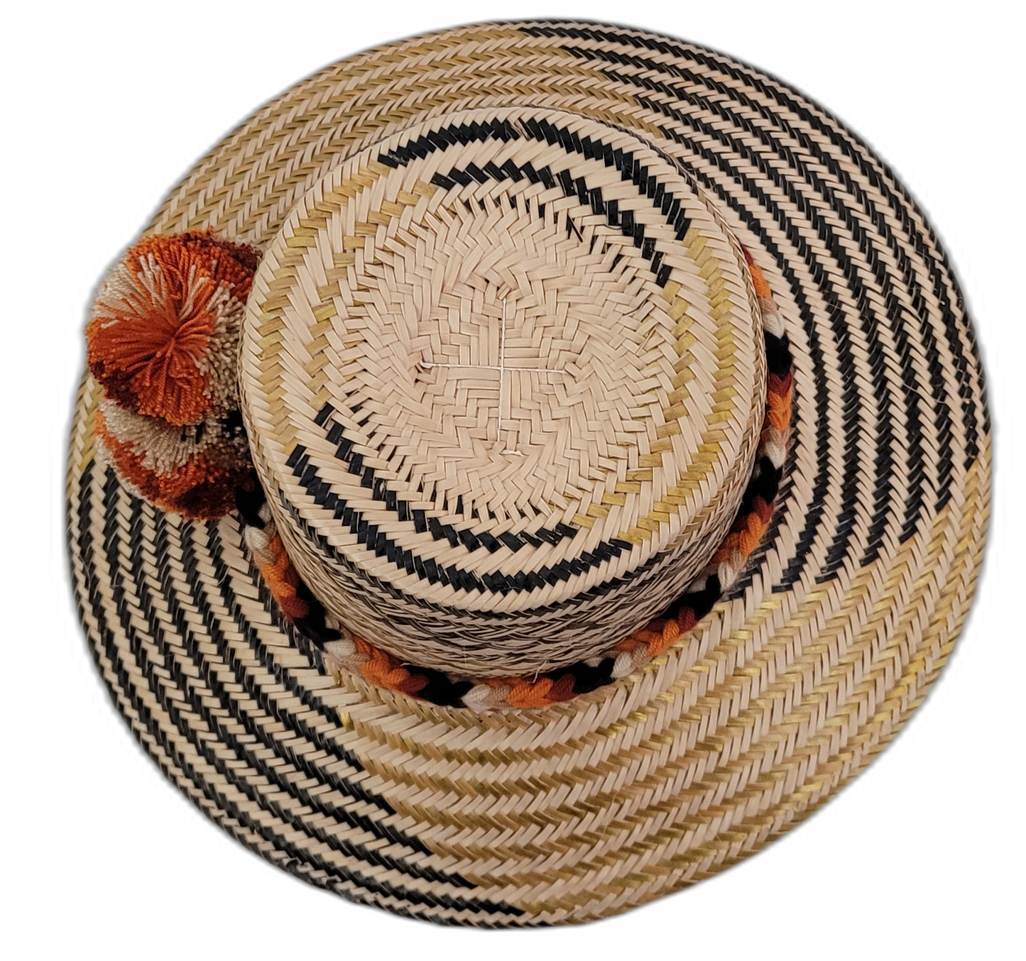 Margo straw hat with neutral braid and handcrafted pompoms in cream, rust, and brown

