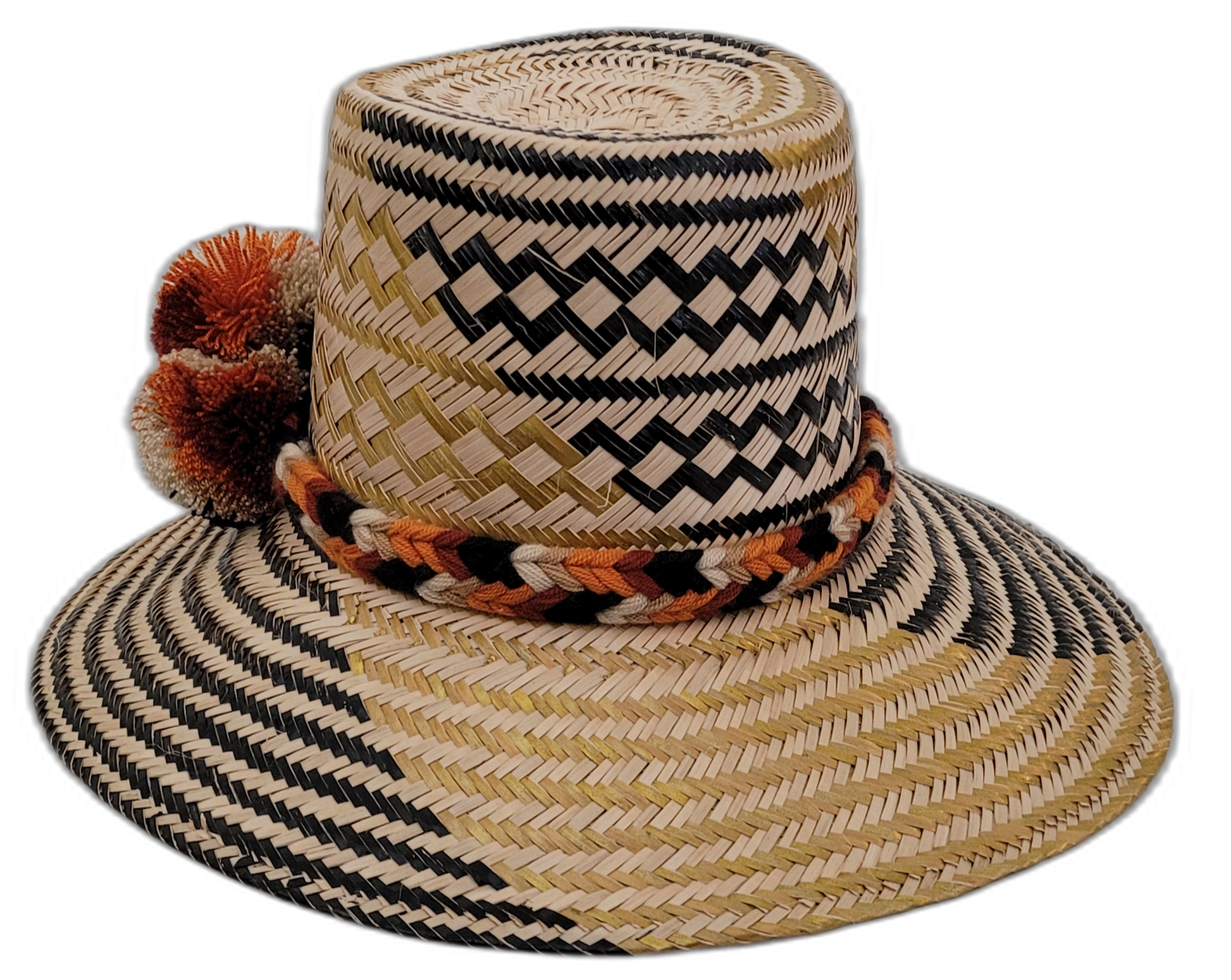 Boho Wayuu hat Margo featuring natural straw base with earth-tone accents and pompoms

