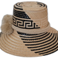 Bohemian hat Margot with artisan black and natural palm fiber and soft pompoms


