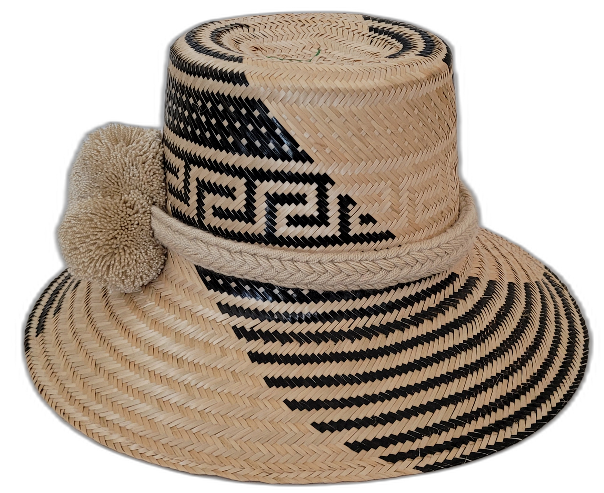 Bohemian hat Margot with artisan black and natural palm fiber and soft pompoms

