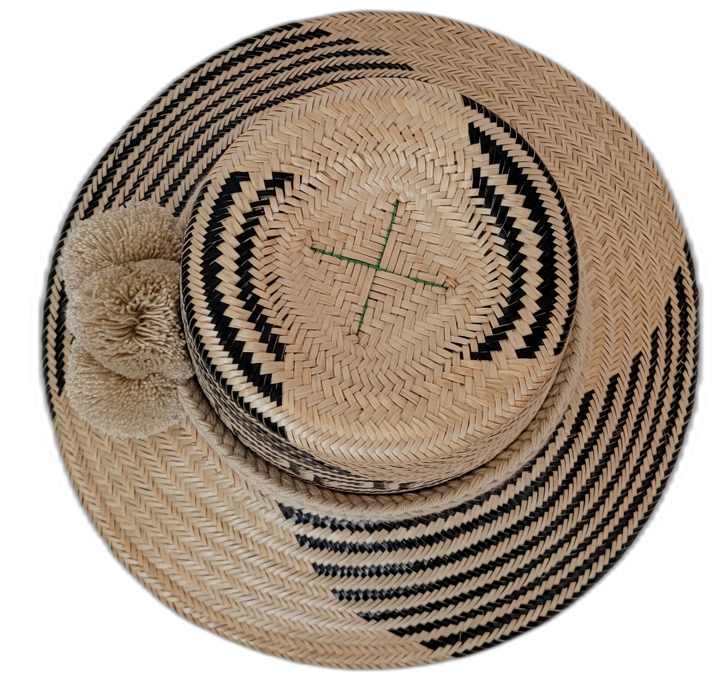 Artisan Wayuu straw hat Margot featuring bold black weave and light beige pompoms


