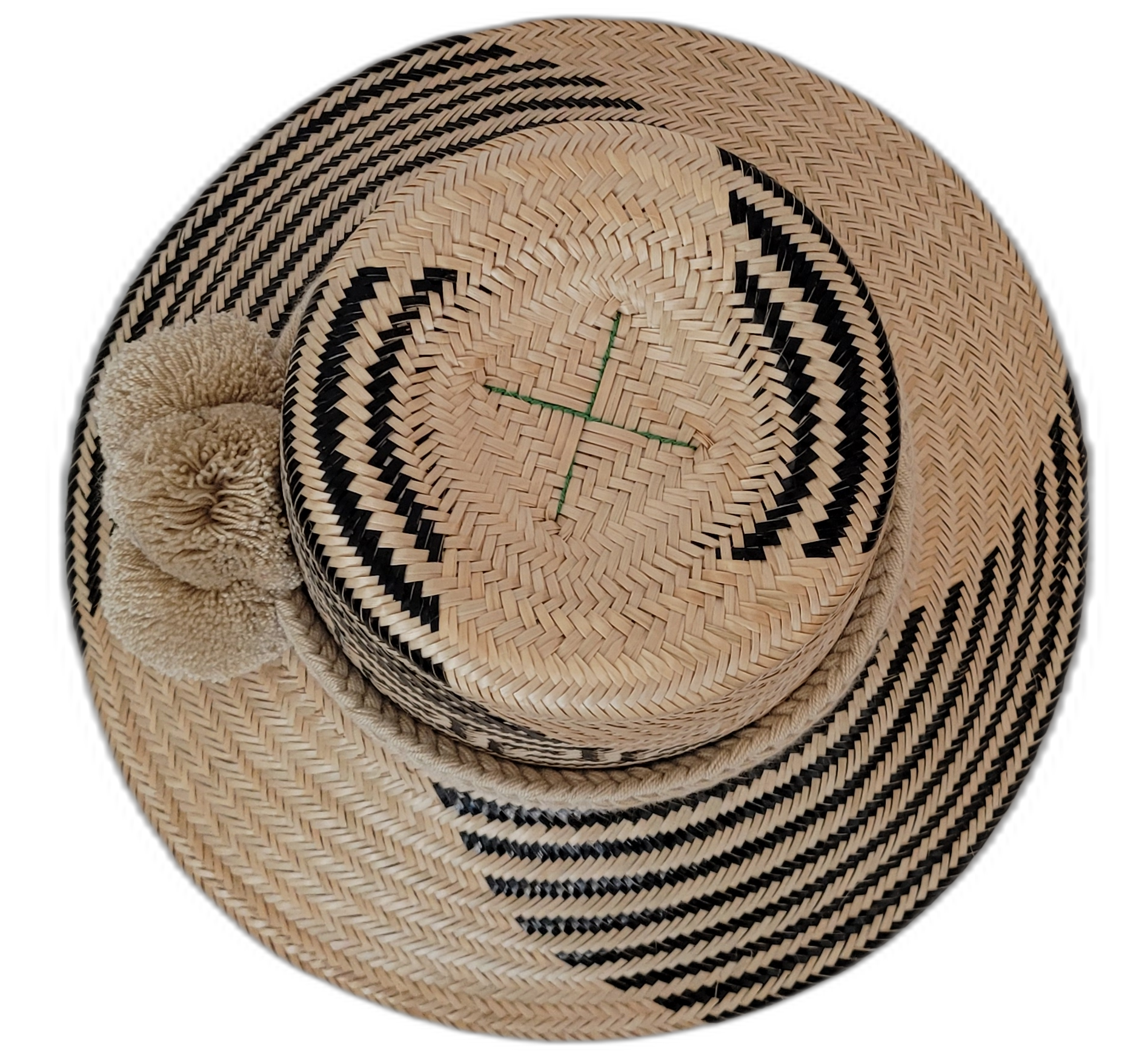 Artisan Wayuu straw hat Margot featuring bold black weave and light beige pompoms

