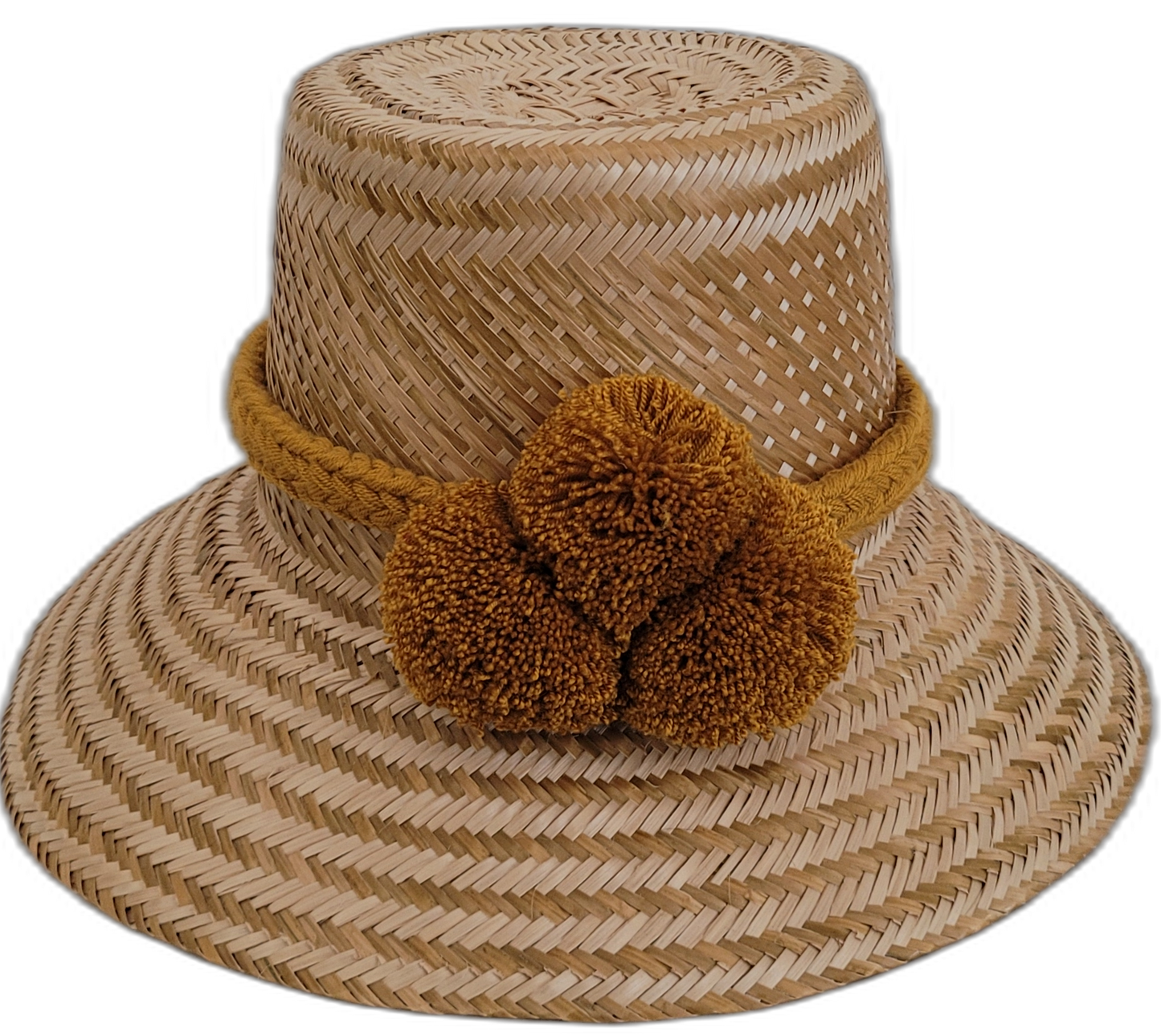 Handmade minimalist natural Wayuu hat with bold ochre pompoms.

