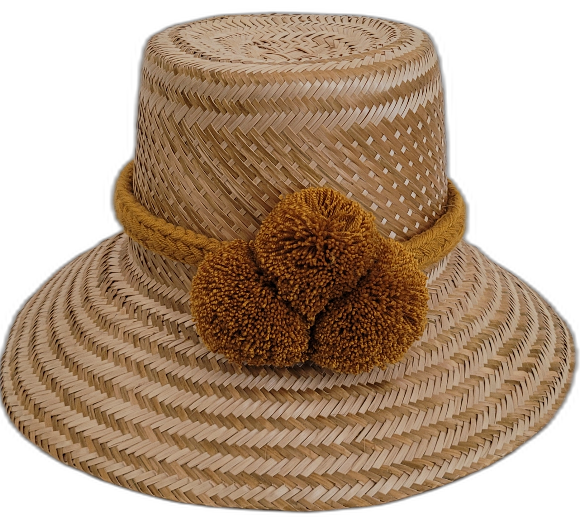 Handmade minimalist natural Wayuu hat with bold ochre pompoms.

