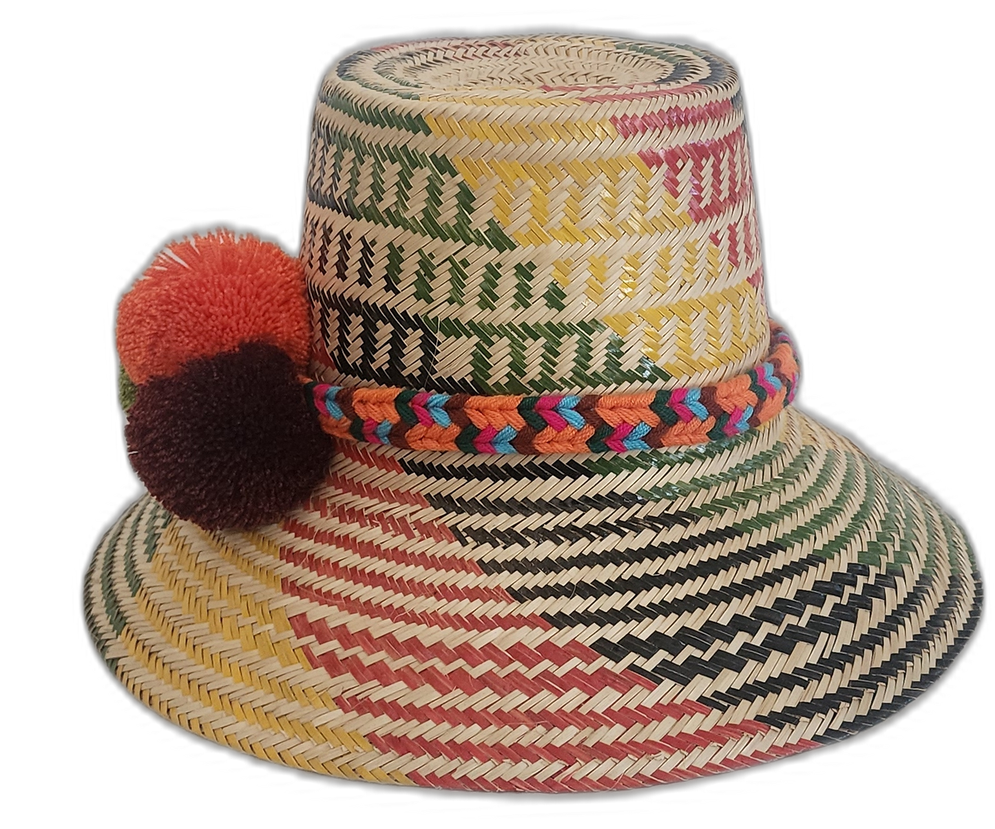 Boho straw hat with green, orange, and burgundy pompoms and vibrant patterns