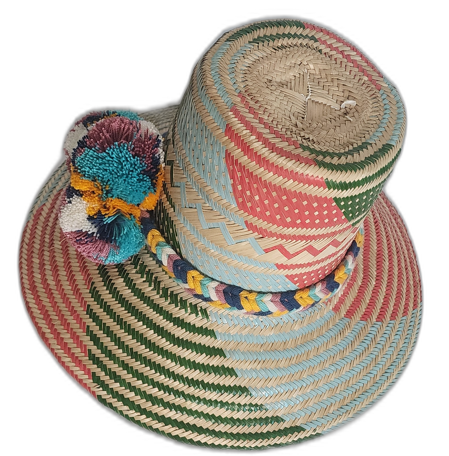 Multicolor artisan straw hat handwoven with natural Iraca palm fibers and bold statement pompoms.

