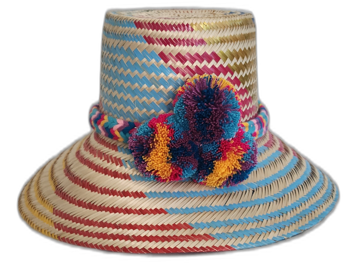 Colorful handmade Wayuu hat with vibrant pompom accents

