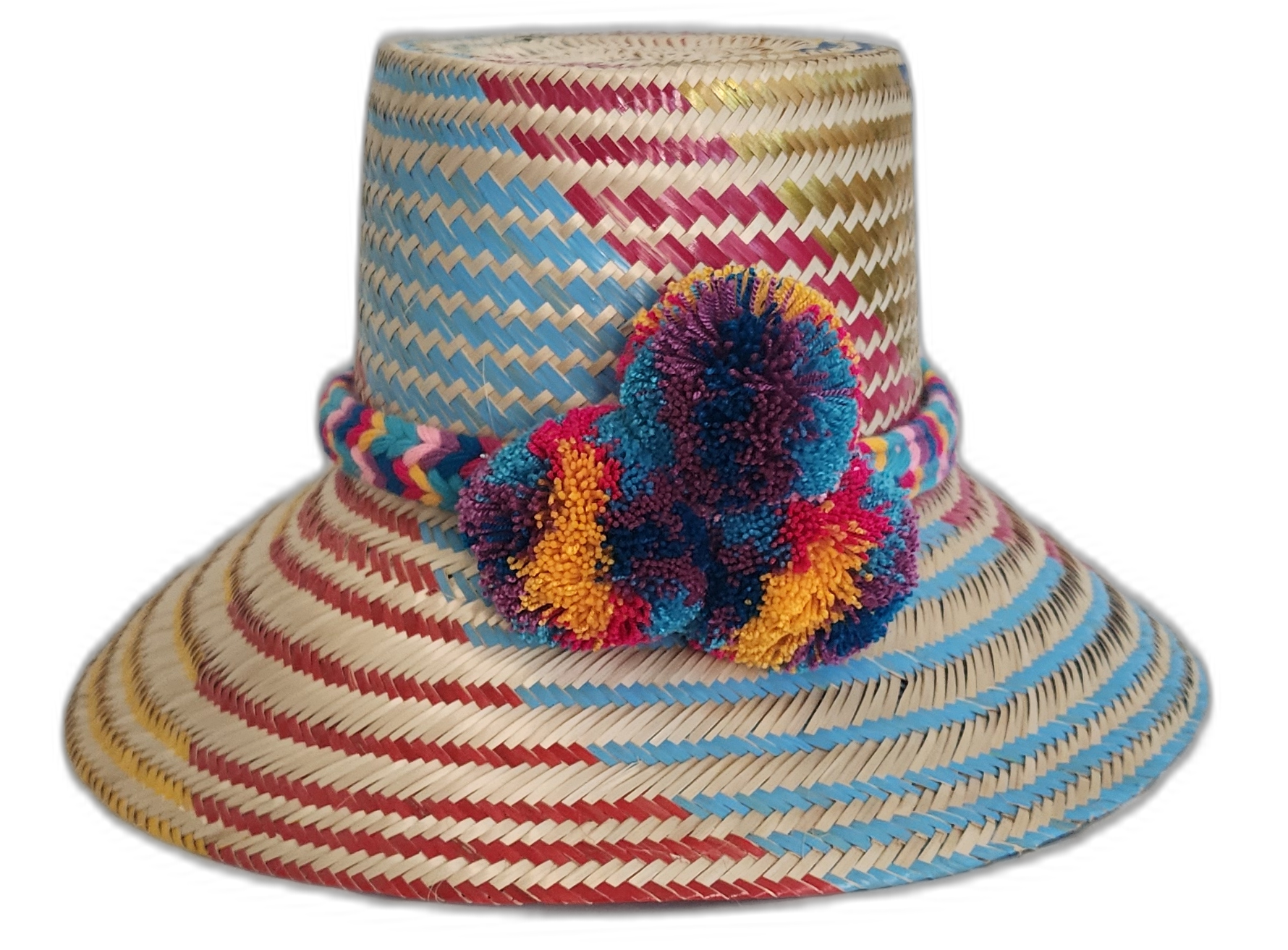 Colorful handmade Wayuu hat with vibrant pompom accents

