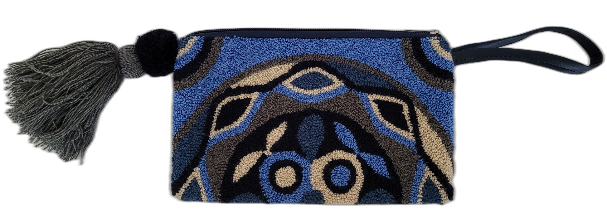 1 Boho chick clutch with geometric punch needle pattern and dark tassel

