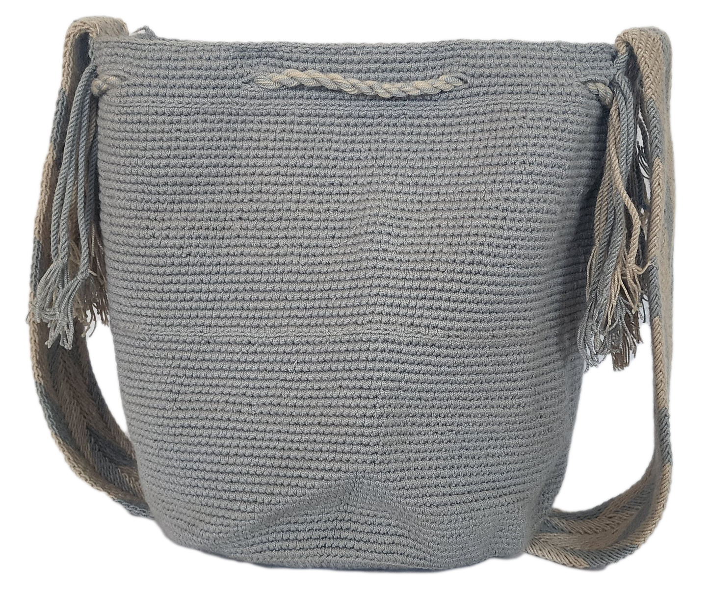 Bohemian Wayuu crochet bag in subtle gray tones with matching tassels and strap — handmade elegance in a colorful world.