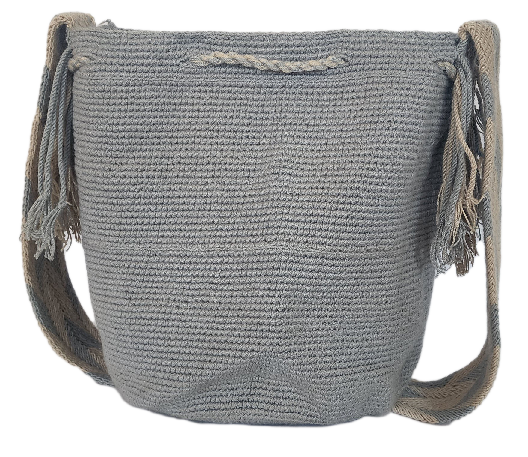 Bottom view Bohemian Wayuu crochet bag in subtle gray tones with matching tassels and strap — handmade elegance in a colorful world.